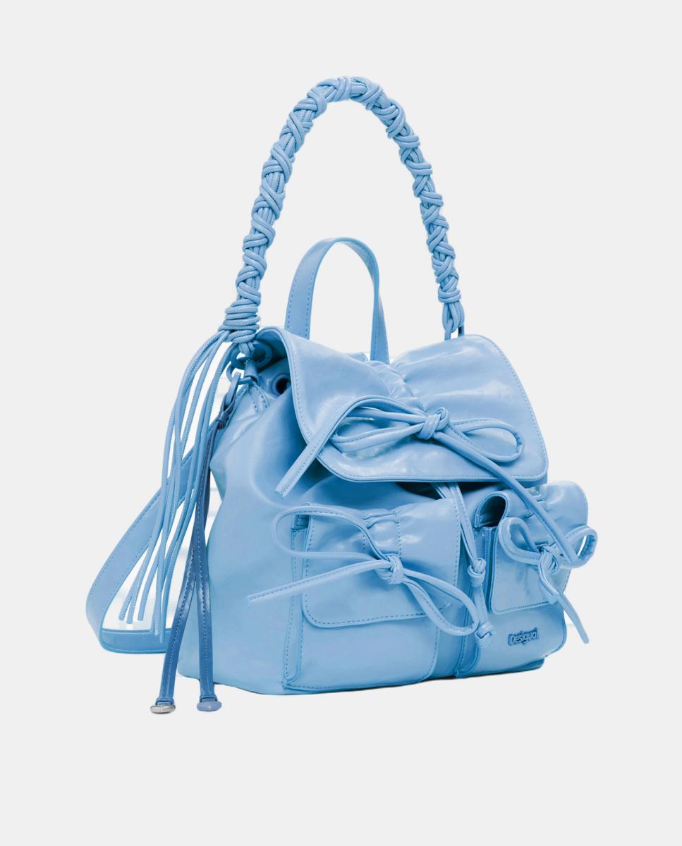 Mochila Pequena com Laço Brilhante Azul-claro-2