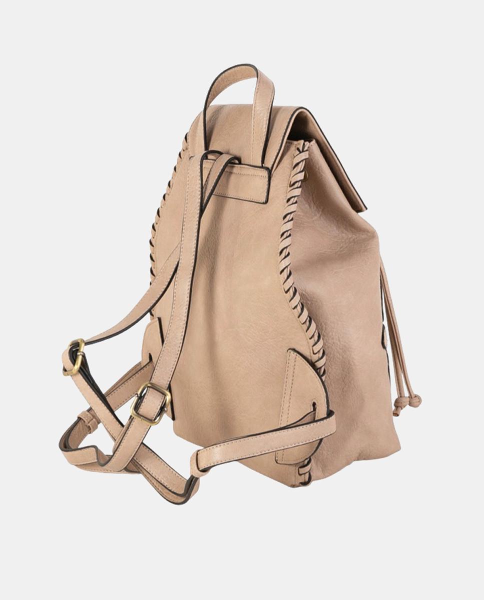 Mochila em PU e Pele com Aba e Rebites Dourados Bege-2