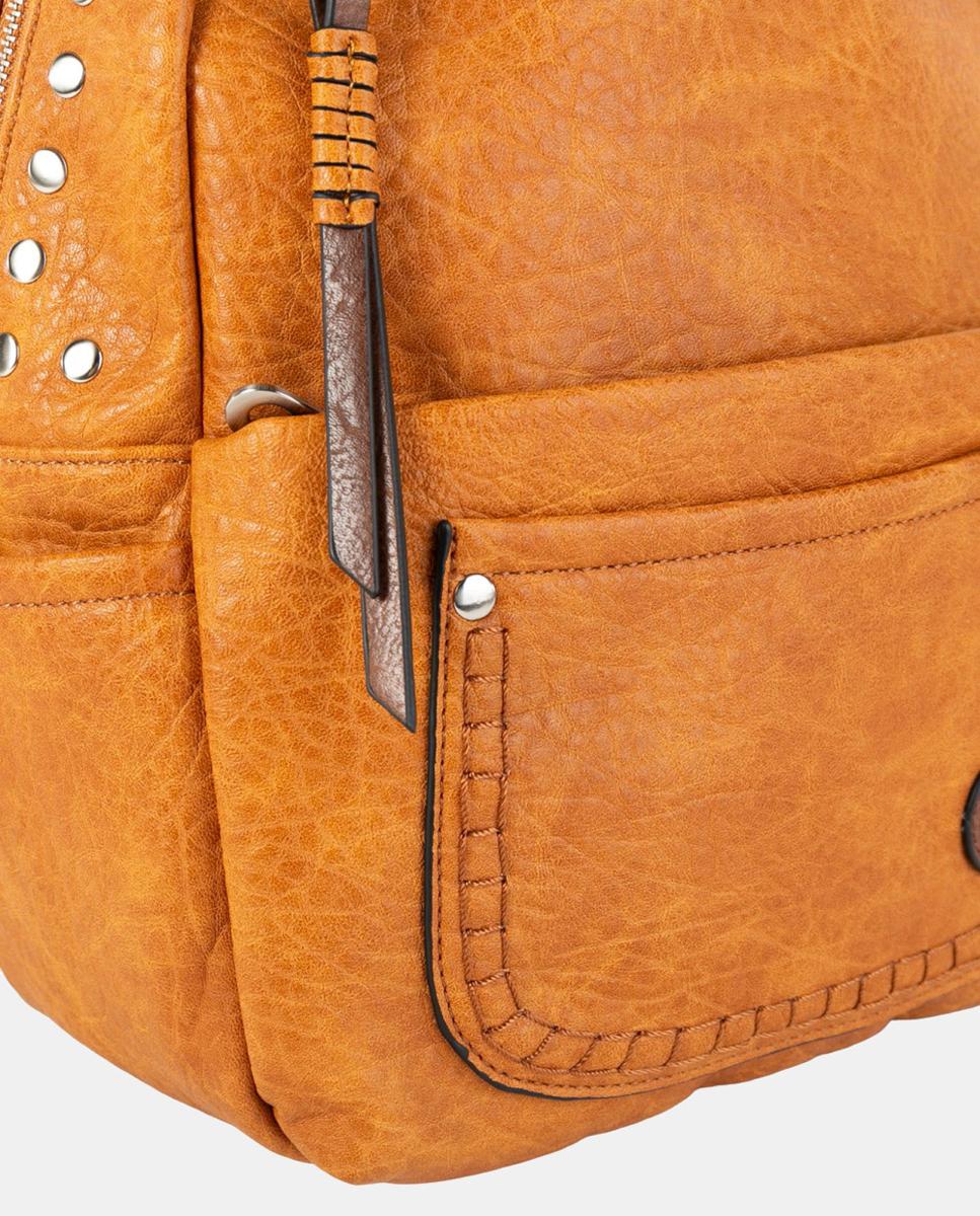 Mochila Urbana Média em Material com Efeito de Pele, Compartimentos Múltiplos e Fecho Seguro Camel-3