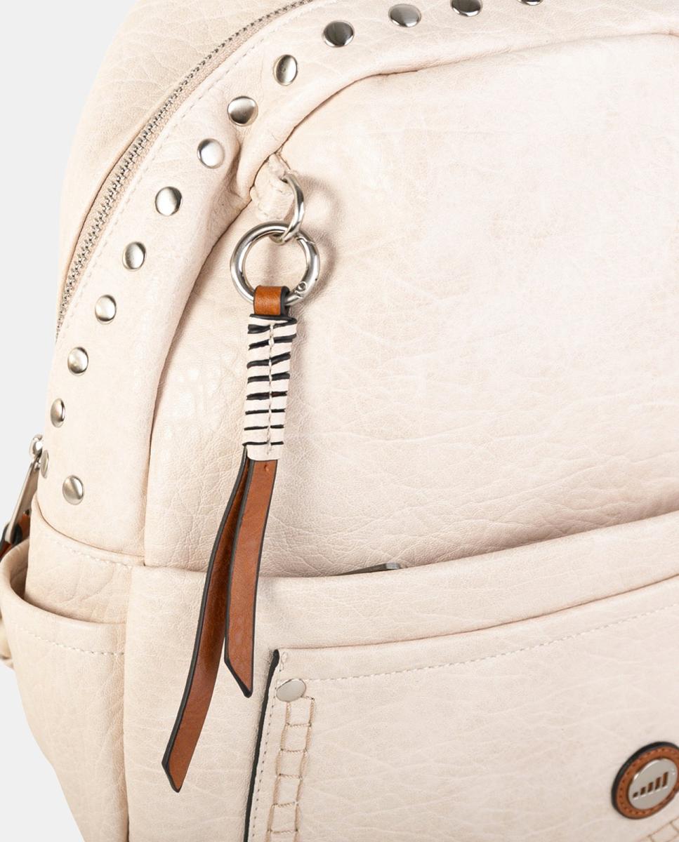 Mochila Urbana Média em Material com Efeito de Pele, Compartimentos Múltiplos e Fecho Seguro Cru-3