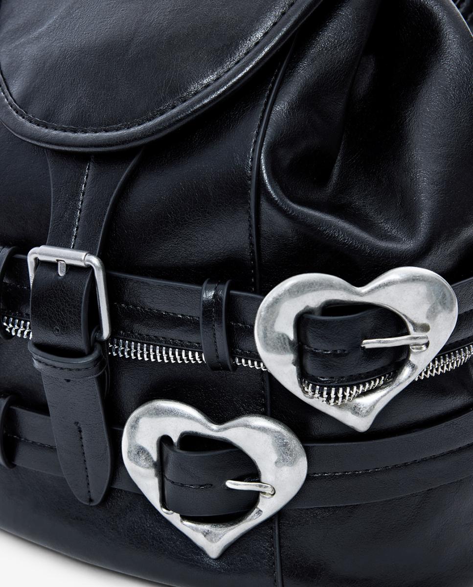 Mochila Média com Efeito de Pele com Textura Preto-3