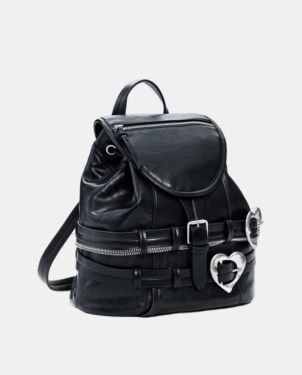 Mochila Média com Efeito de Pele com Textura Preto-4