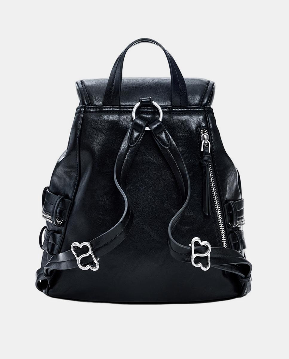 Mochila Média com Efeito de Pele com Textura Preto-5