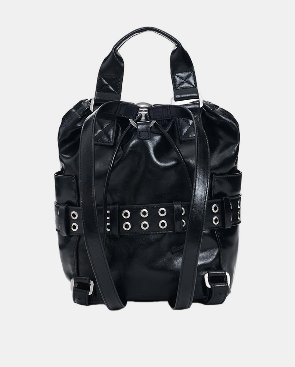 Mini Mochila com Acabamento de Efeito de Pele Preto-6