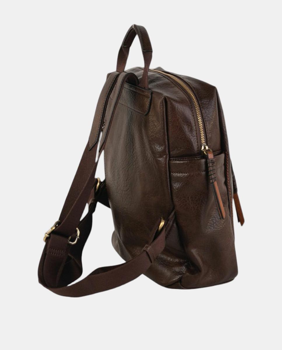 Mochila Média em Efeito de Pele com Bolso à Frente e Detalhes Metálicos Castanho-escuro-2