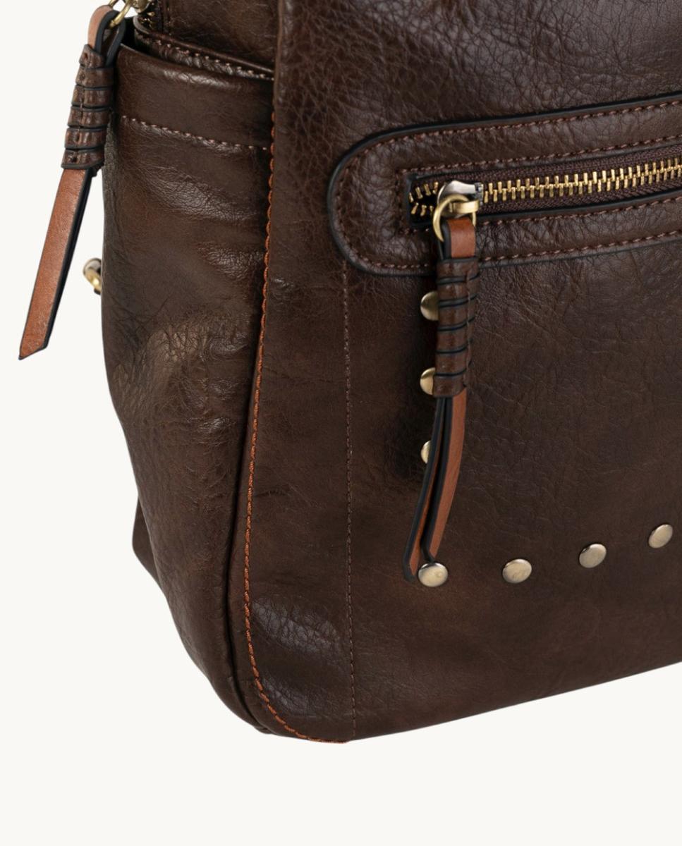 Mochila Média em Efeito de Pele com Bolso à Frente e Detalhes Metálicos Castanho-escuro-3