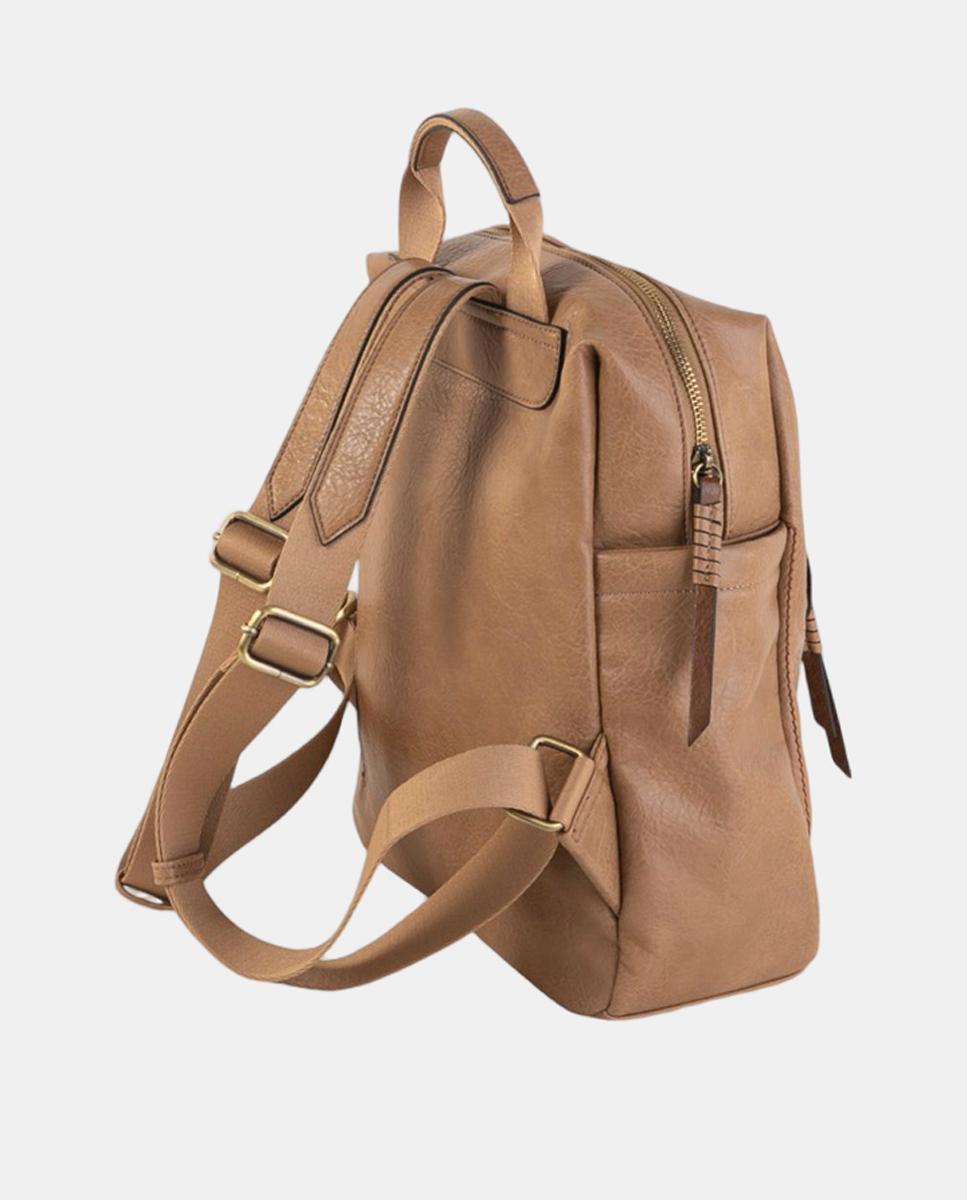 Mochila Média em Efeito de Pele com Bolso à Frente e Detalhes Metálicos Castanho-claro-2