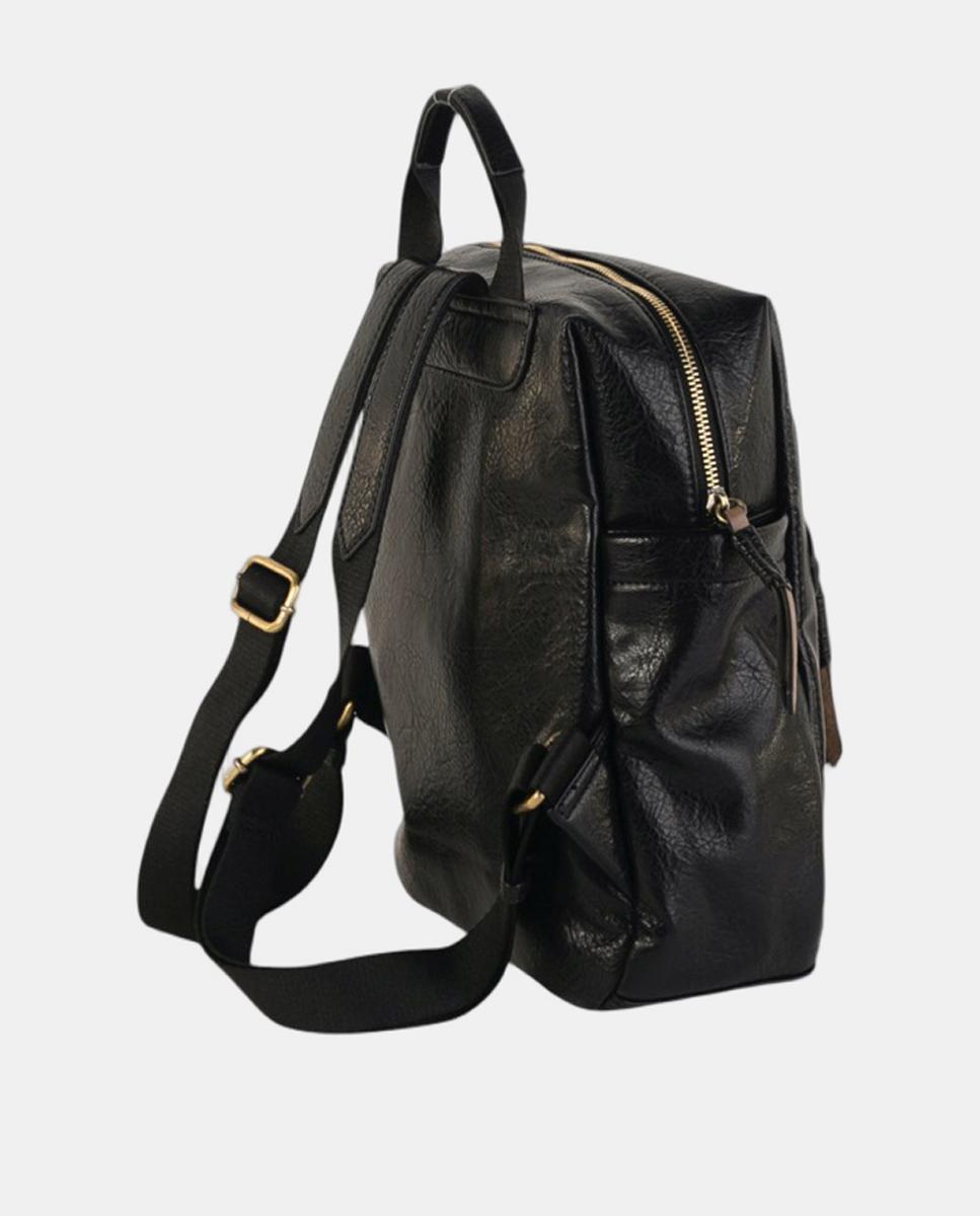 Mochila Média em Efeito de Pele com Bolso à Frente e Detalhes Metálicos Preto-2