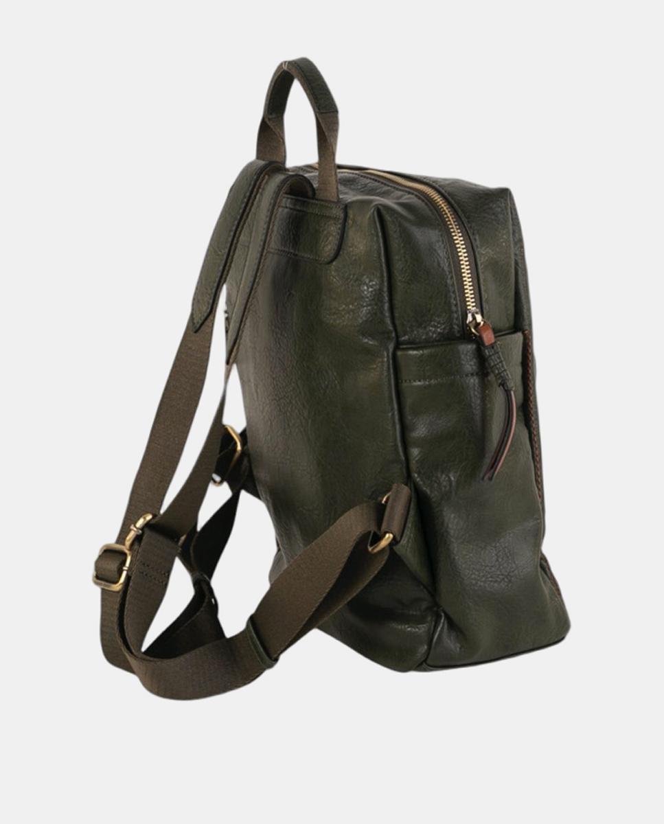 Mochila Média em Efeito de Pele com Bolso à Frente e Detalhes Metálicos Verde-militar-2