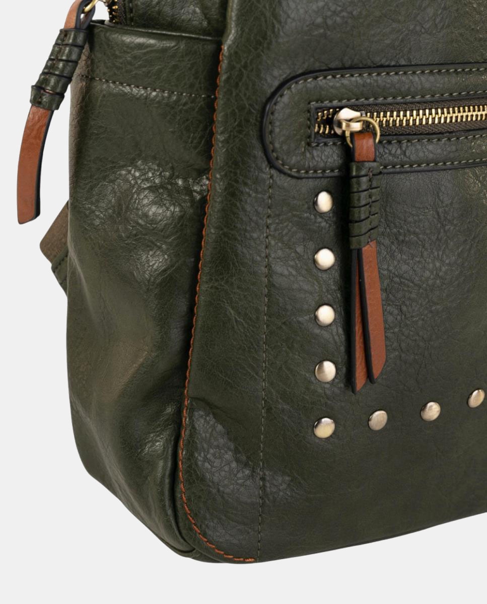 Mochila Média em Efeito de Pele com Bolso à Frente e Detalhes Metálicos Verde-militar-3