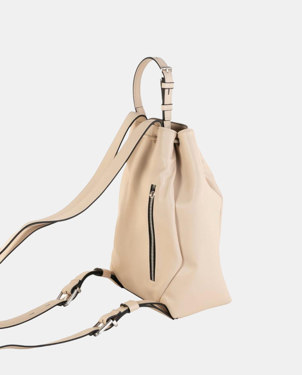 Mochila Tipo Saco Média de Acabamento Liso com Efeito de Pele e Fecho Ajustável Bege-2