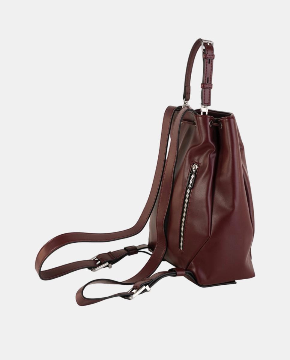 Mochila Tipo Saco Média de Acabamento Liso com Efeito de Pele e Fecho Ajustável Grená-2