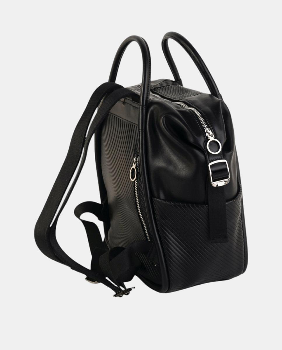 Mochila Média com Efeito de Pele e Textura Geométrica Preto-2