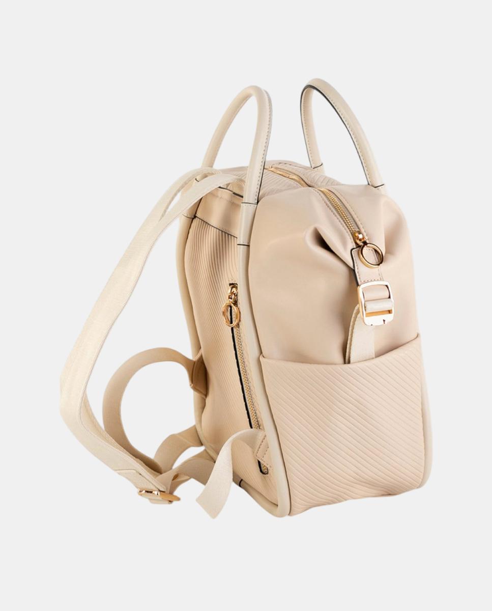 Mochila Média com Efeito de Pele e Textura Geométrica Bege-2