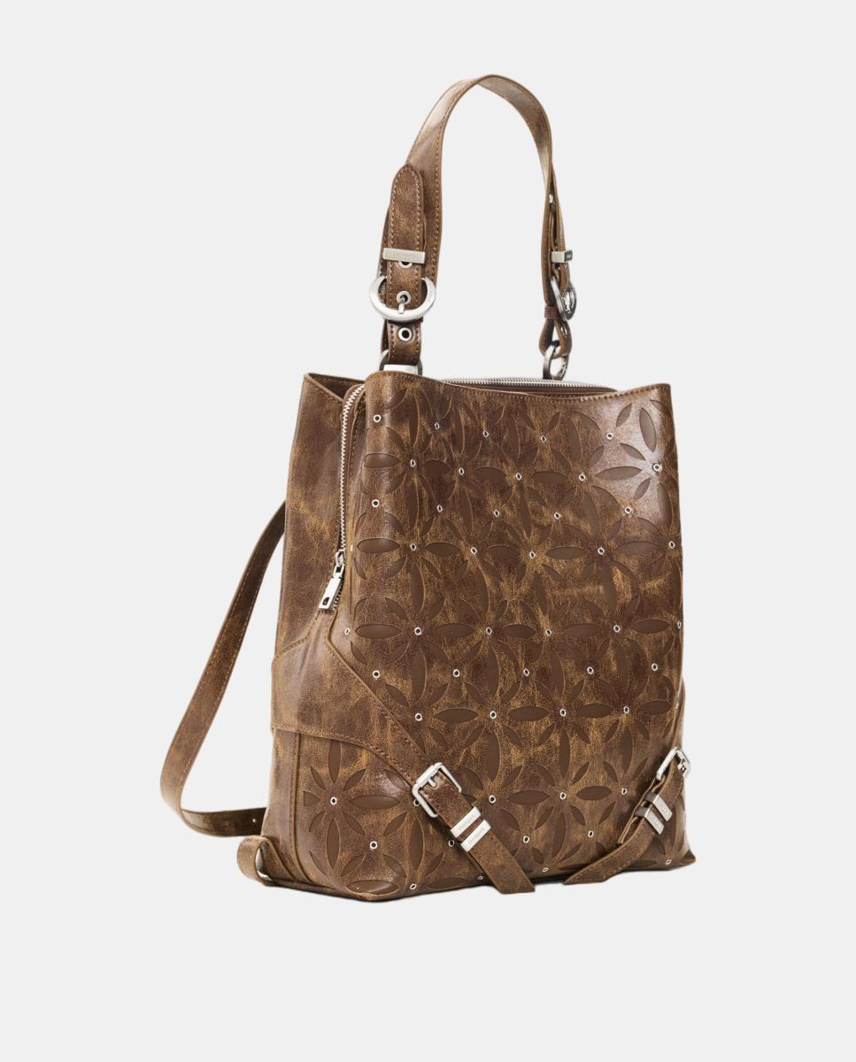 Mochila Pequena em Tecido com Tachas Castanho-3