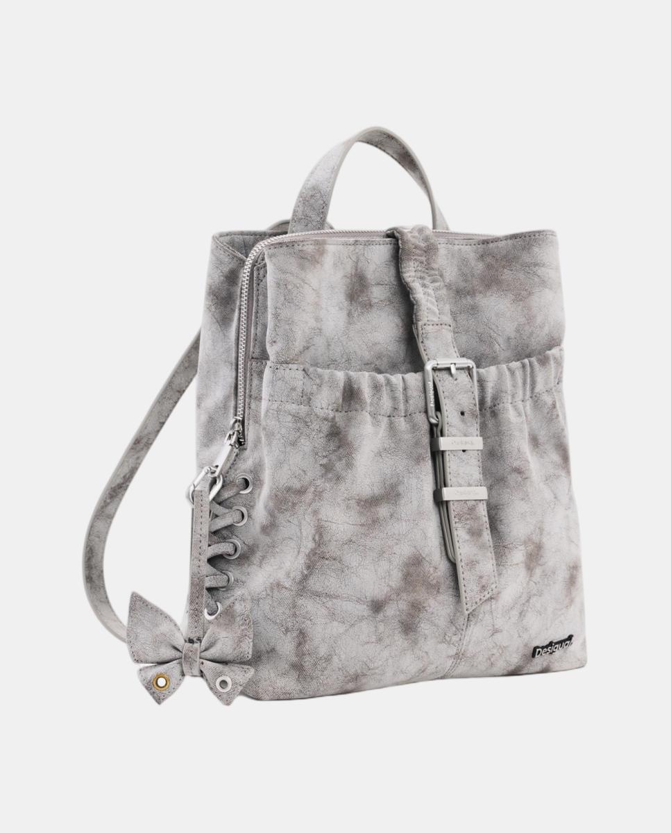 Mochila Pequena com Efeito de Pele e Laços Cinzento-escuro-2
