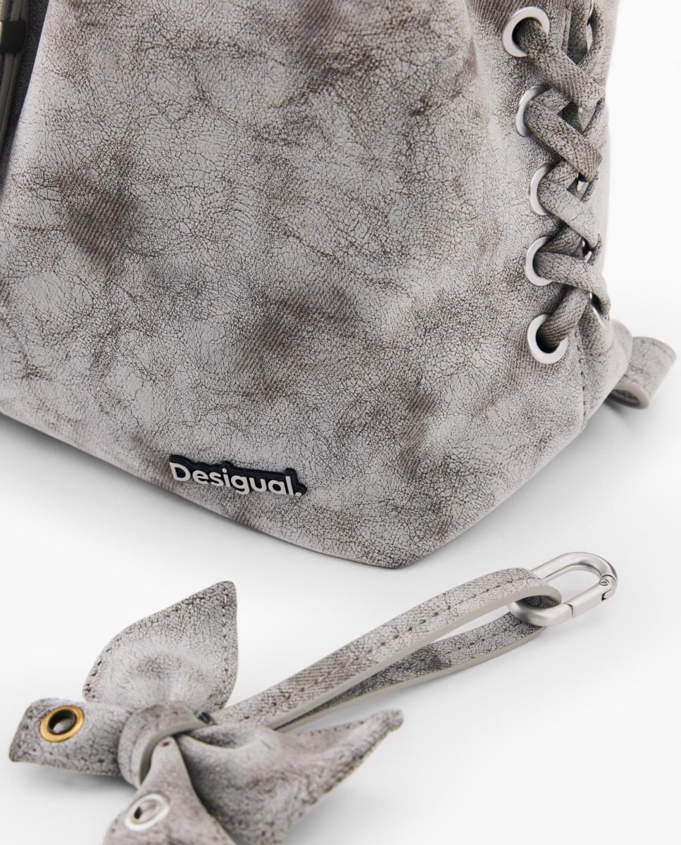 Mochila Pequena com Efeito de Pele e Laços Cinzento-escuro-5