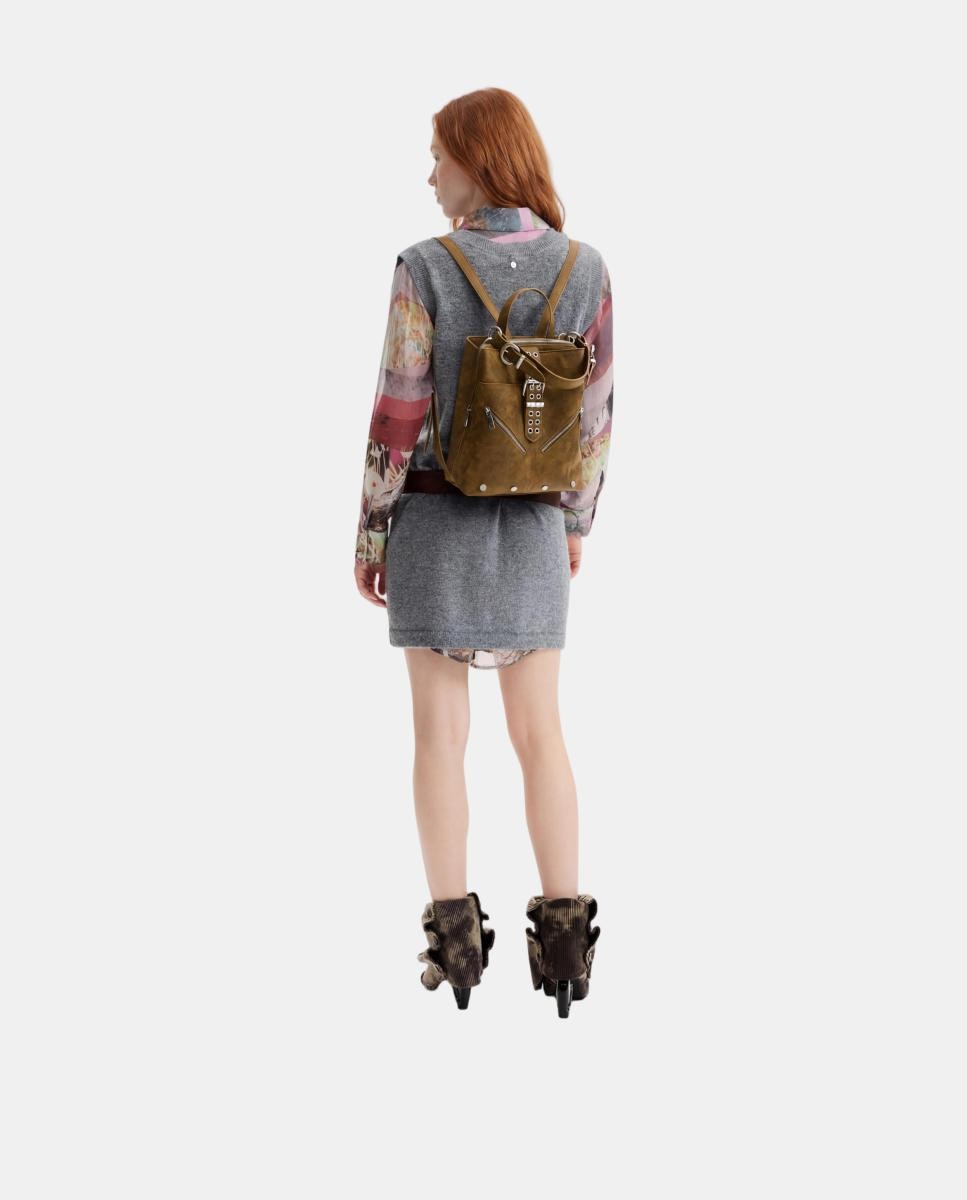 Mochila Pequena com Efeito de Camurça Camel-5