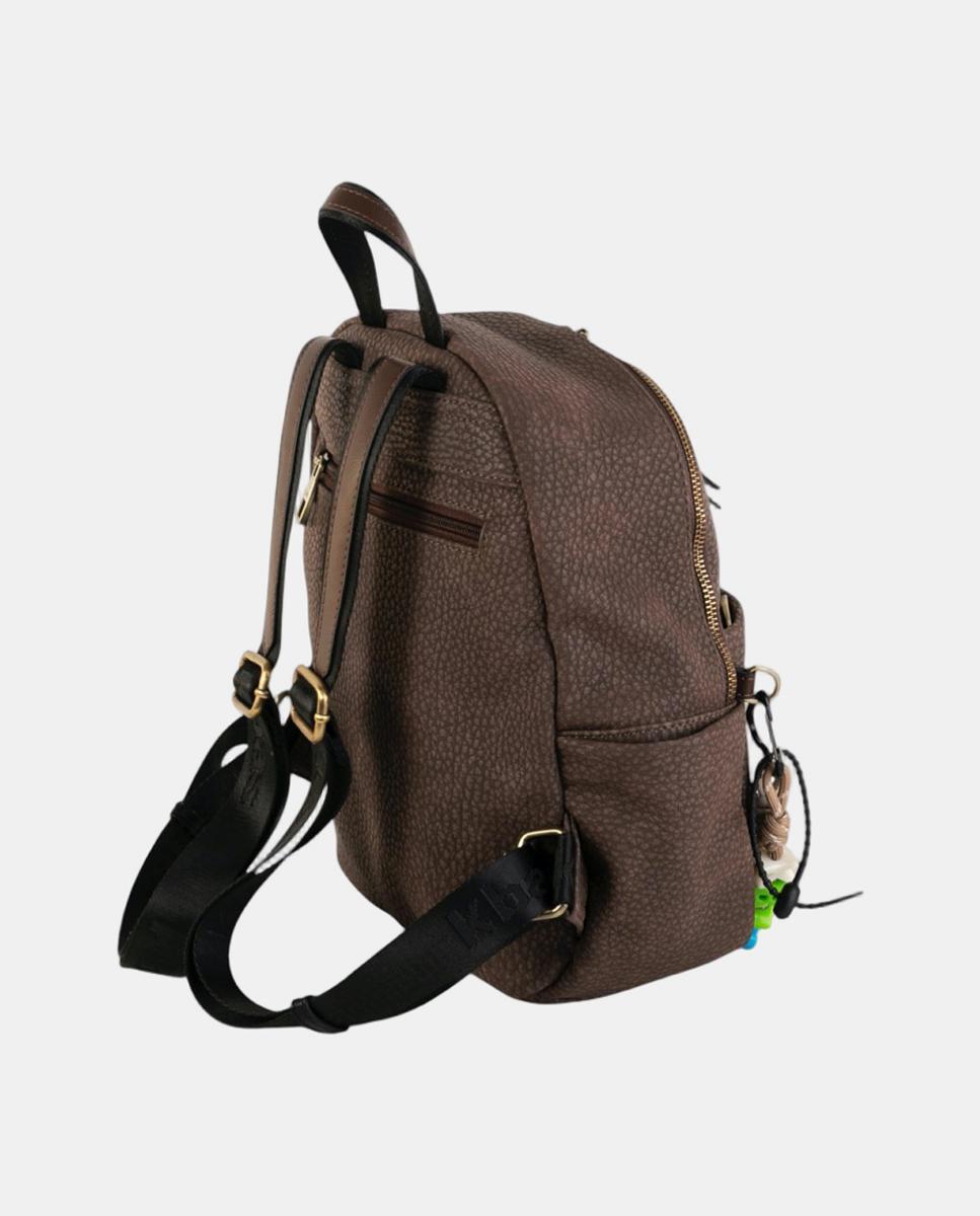 Mochila Urbana Compacta em Material Texturizado com Efeito de Pele e Bolsos Exteriores Castanho-2