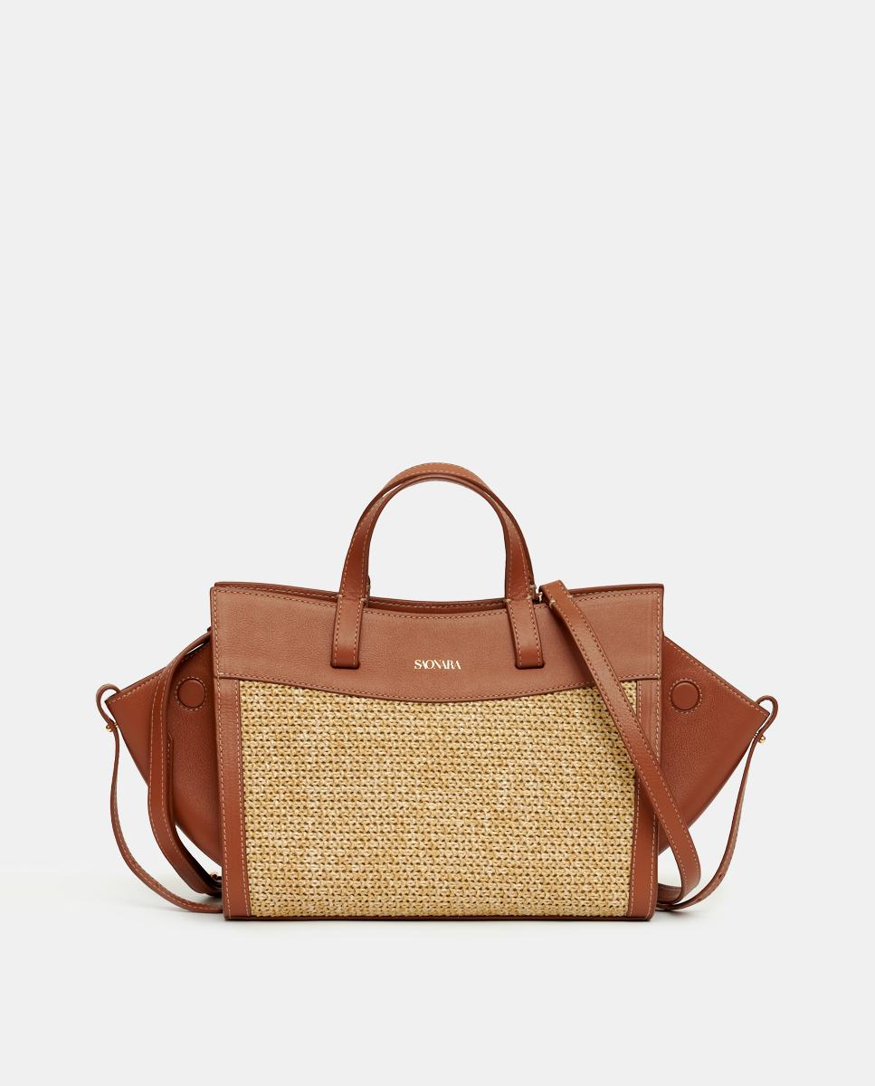 Imagem 0 de Mala de Mão Média em Pele e Ráfia Natural com Alça de Tiracolo - Caramelo