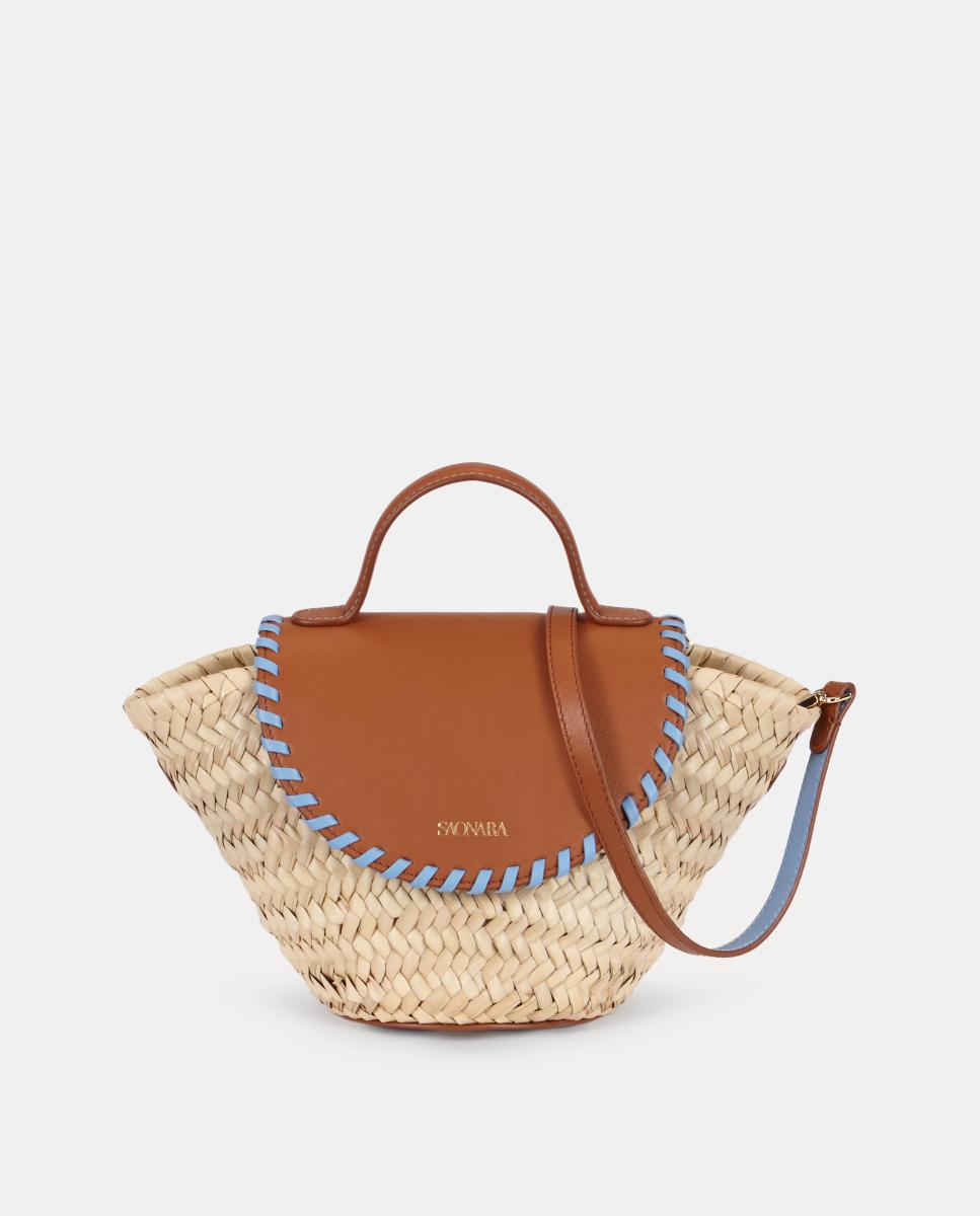 Mala Mini Cesta de Mão com Alça de Tiracolo em Pele e Palma Natural - Caramelo/Azul Castanho-1
