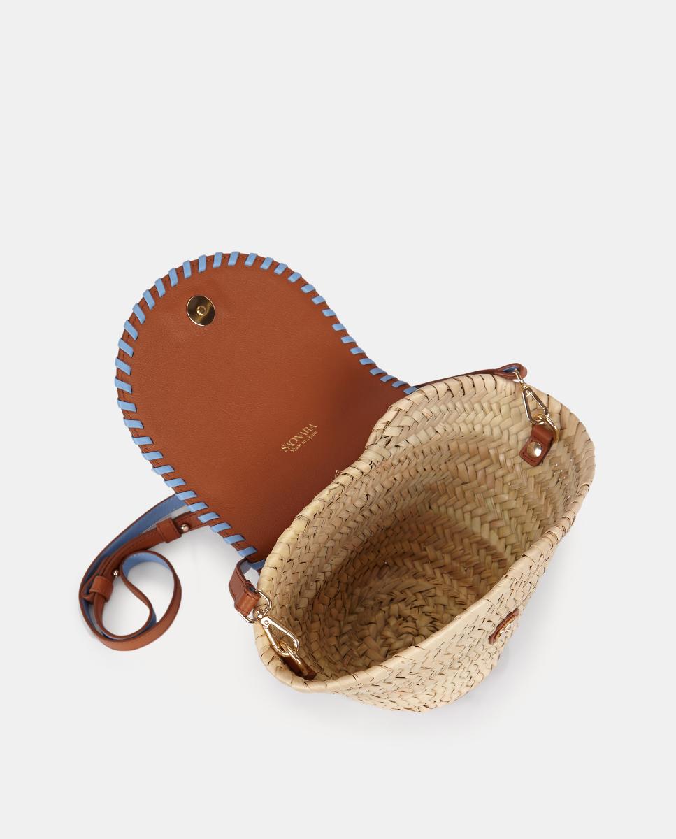 Mala Mini Cesta de Mão com Alça de Tiracolo em Pele e Palma Natural - Caramelo/Azul Castanho-3