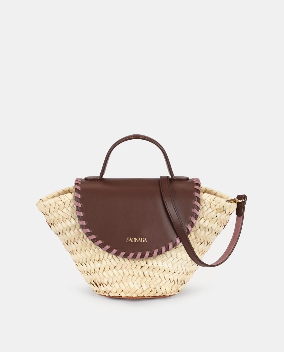 Mala Mini Cesta de Mão com Alça de Tiracolo em Pele e Palma Natural - Castanho Chocolate/Rosa Castanho-escuro-1