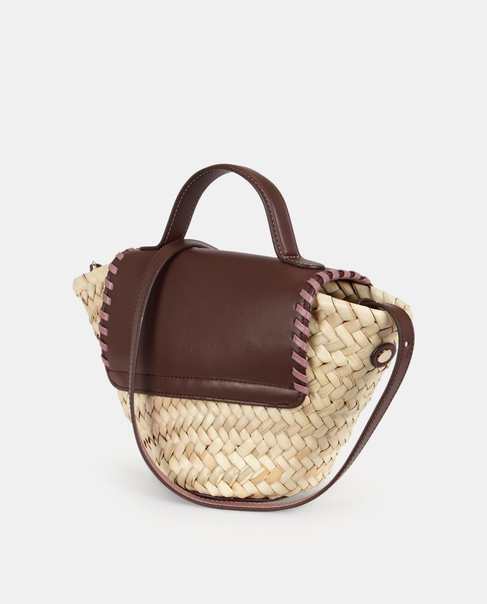 Mala Mini Cesta de Mão com Alça de Tiracolo em Pele e Palma Natural - Castanho Chocolate/Rosa Castanho-escuro-2