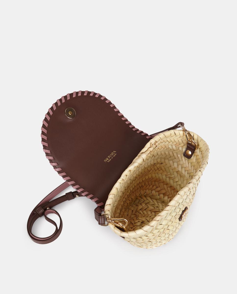 Mala Mini Cesta de Mão com Alça de Tiracolo em Pele e Palma Natural - Castanho Chocolate/Rosa Castanho-escuro-3