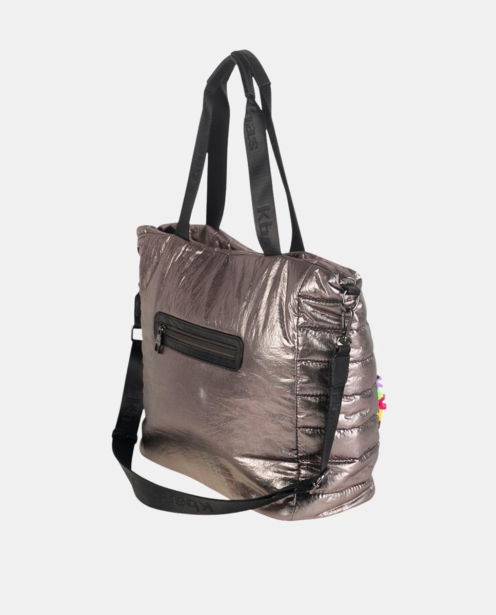 Mala Shopper Grande de Nylon com Fecho de Correr Bege-3