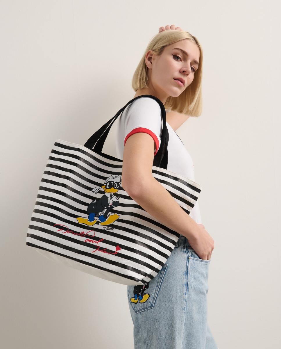 Mala de Ombro Grande de Algodão Reciclado com Íman Preto-2