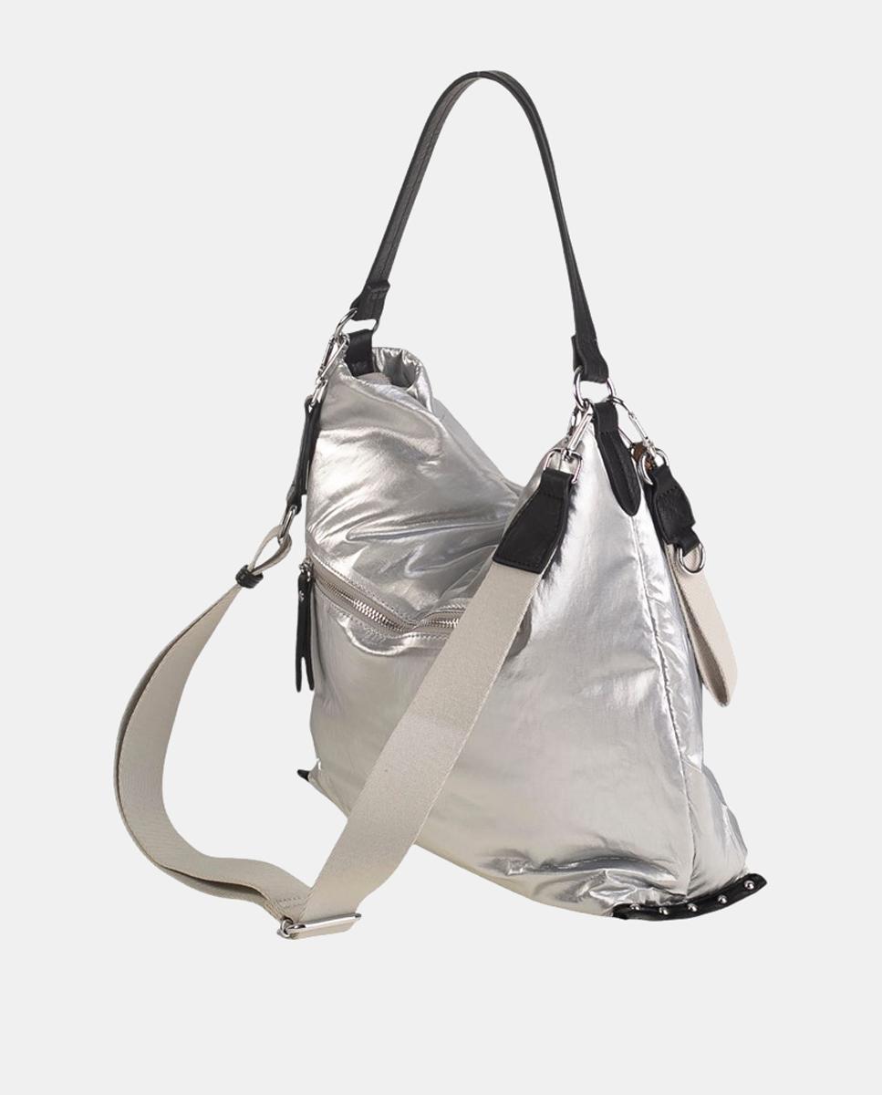 Mala Hobo de Nylon com Fecho de Correr Prata-2