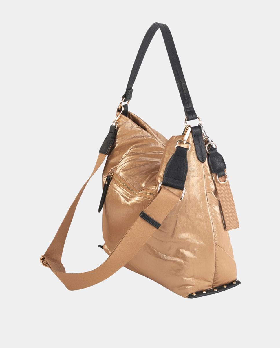 Mala Hobo de Nylon com Fecho de Correr Ouro-2