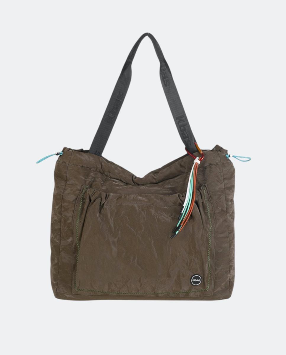 Mala Tipo Hobo de Nylon com Fecho de Correr Caqui-1