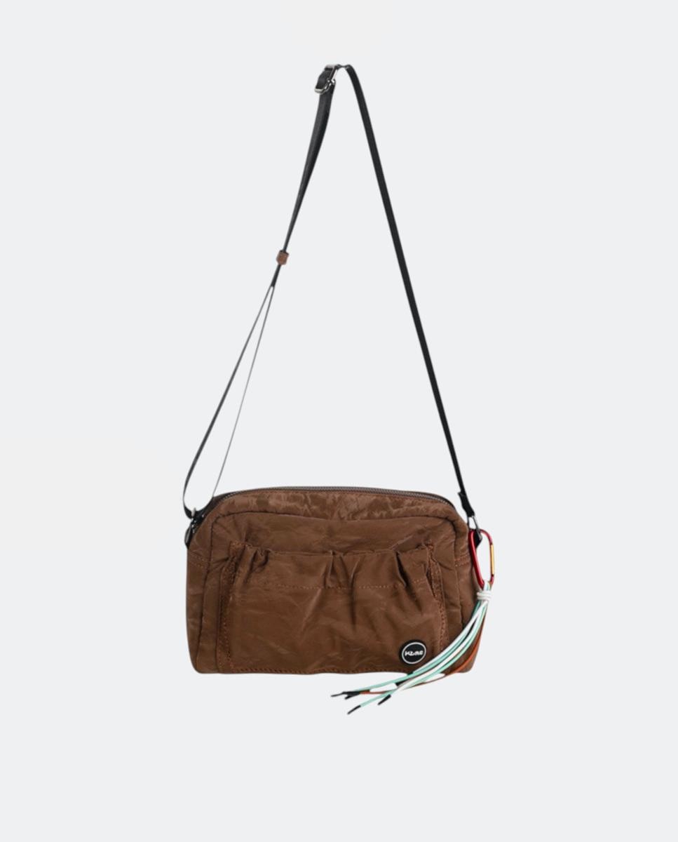 Mala a Tiracolo Pequena de Nylon com Fecho de Correr Castanho-1