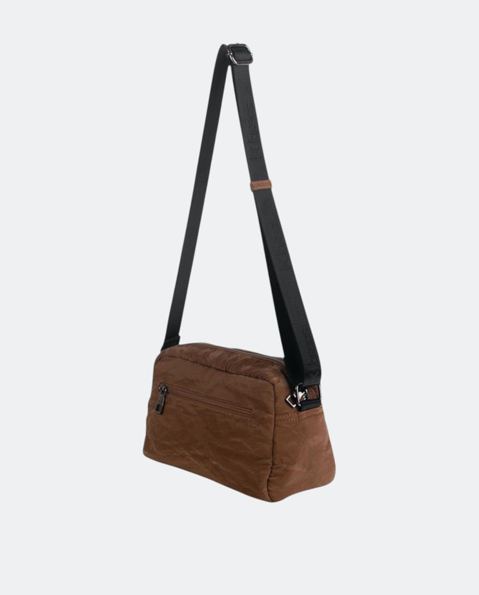 Mala a Tiracolo Pequena de Nylon com Fecho de Correr Castanho-2