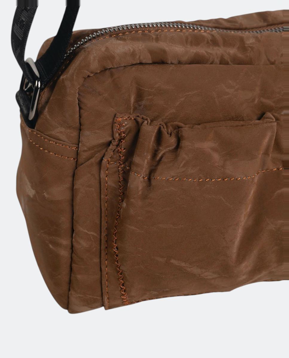 Mala a Tiracolo Pequena de Nylon com Fecho de Correr Castanho-3