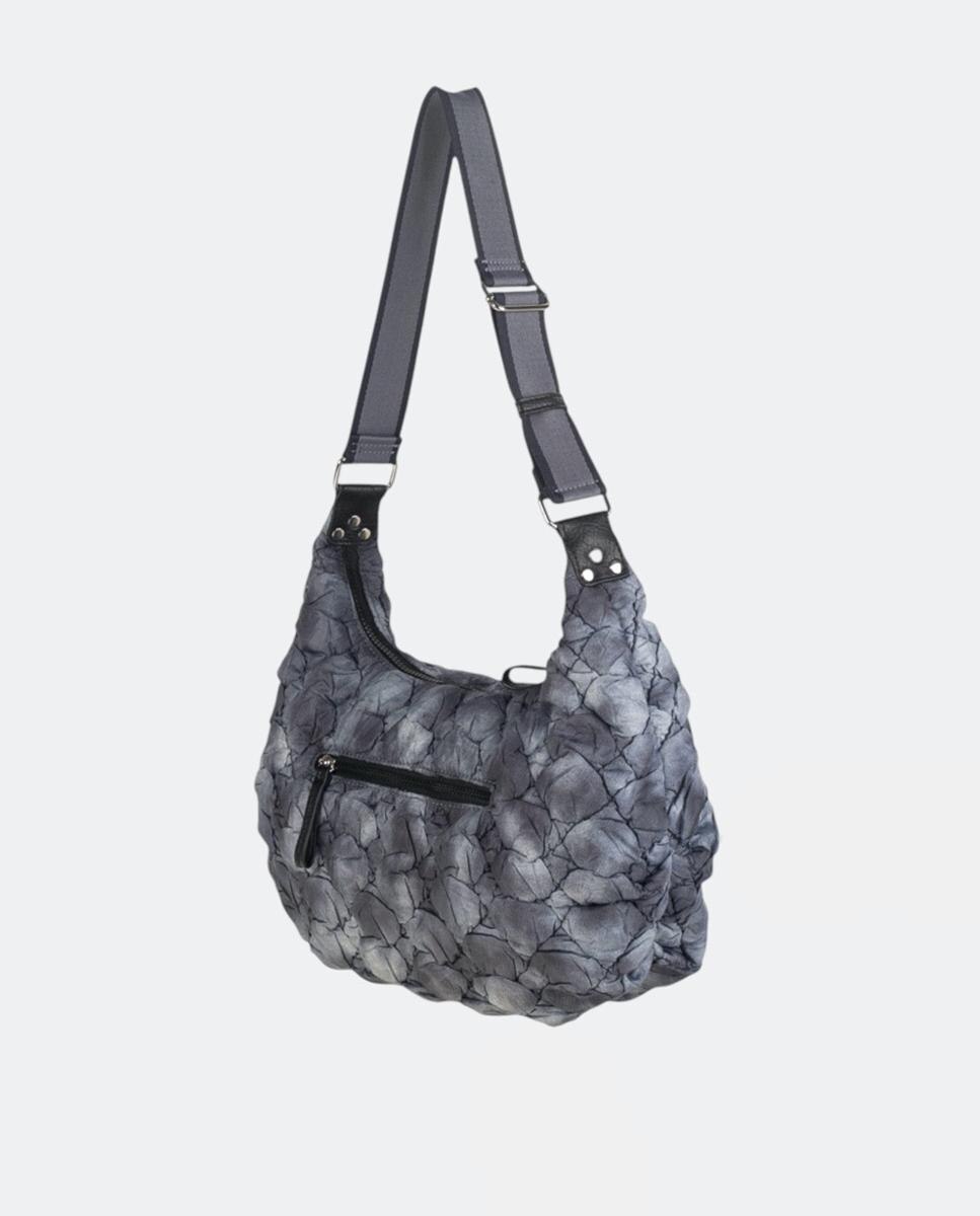 Mala Tipo Hobo de Nylon com Efeito Enrugado e Fecho de Correr Cinzento-2