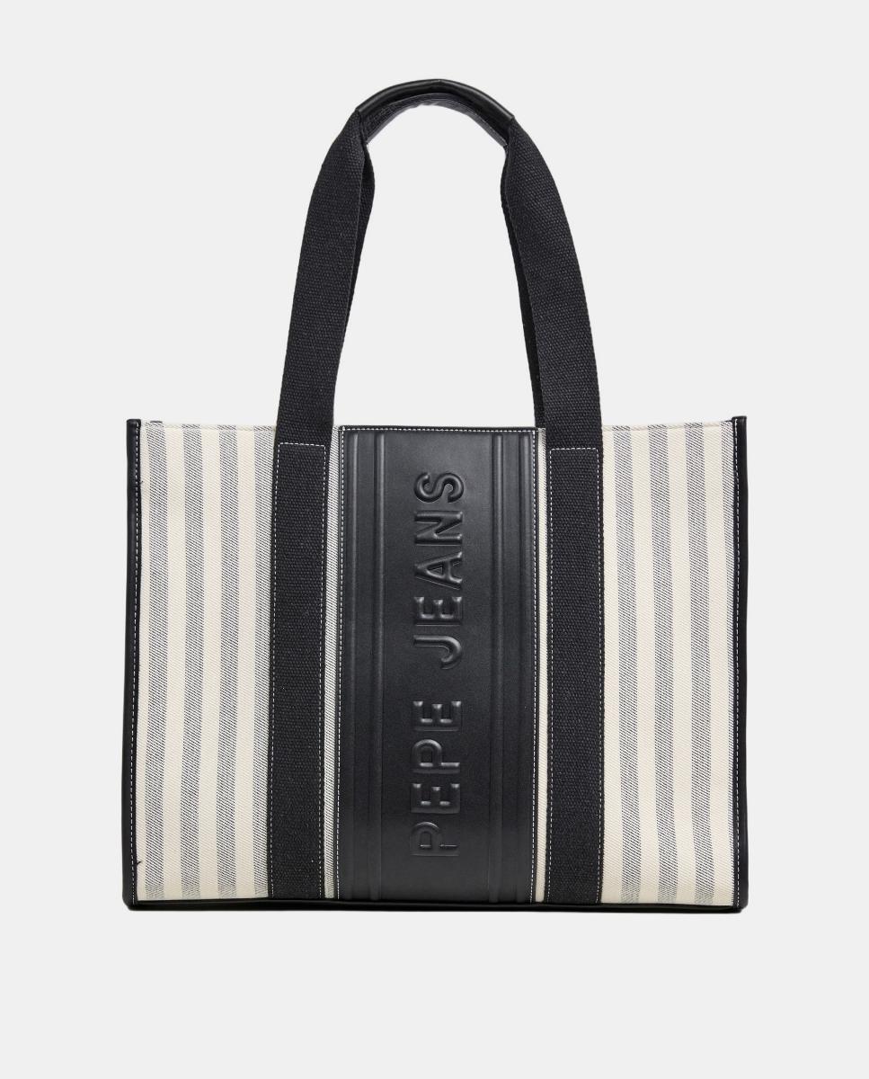 Bolso shopper Zenda Niza combinado con lona de rayas, cierre cremallera, doble asa y logotipo frontal y trasero - Pepe Jeans - Negro Negro-1