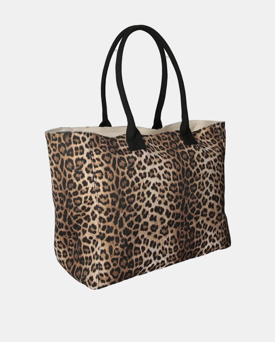 Mala em Tecido com Estampado Animalier, Detalhe de Logótipo e Lenço em Contraste Castanho-escuro-2