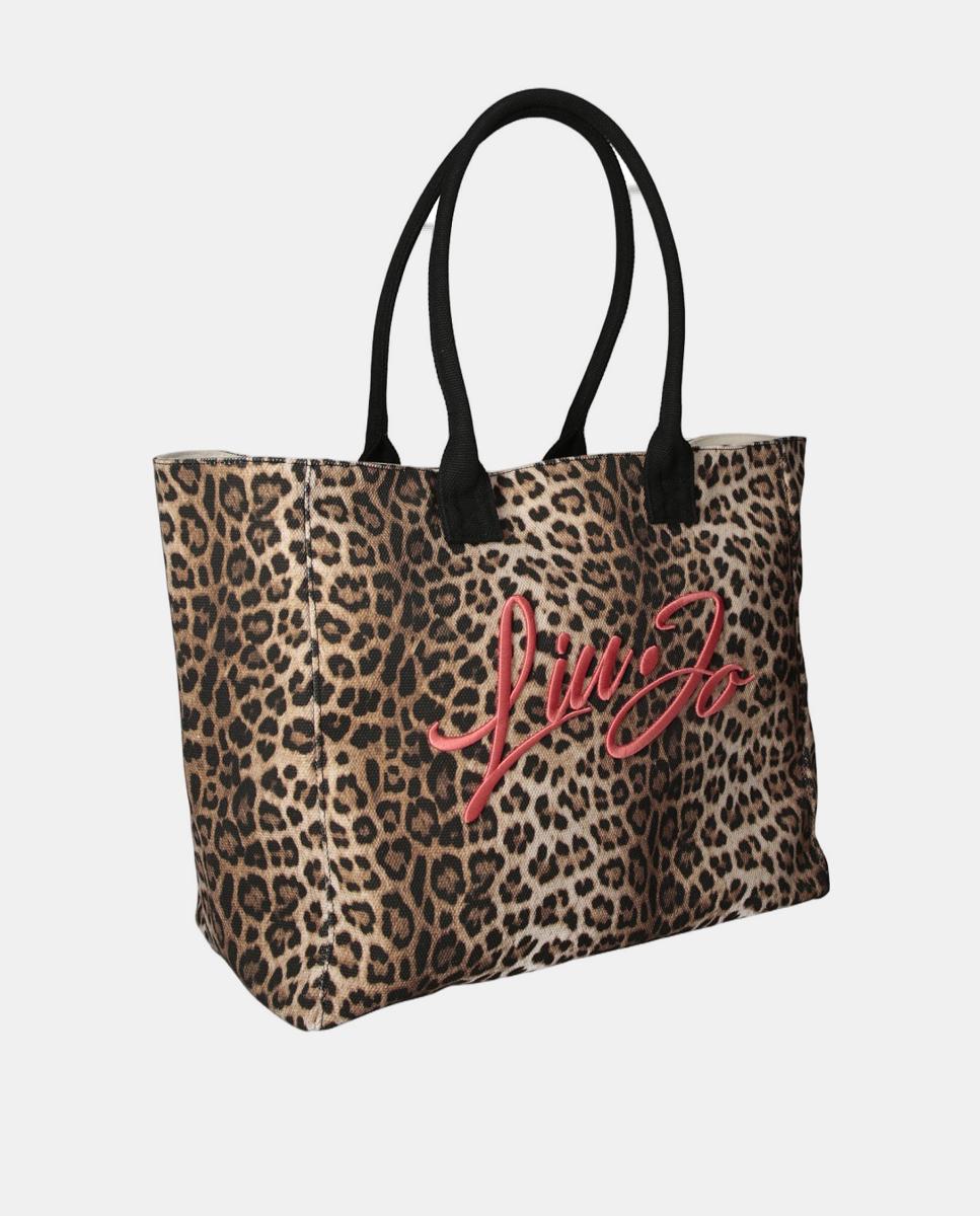 Mala em Tecido com Estampado Animalier, Detalhe de Logótipo e Lenço em Contraste Castanho-escuro-3