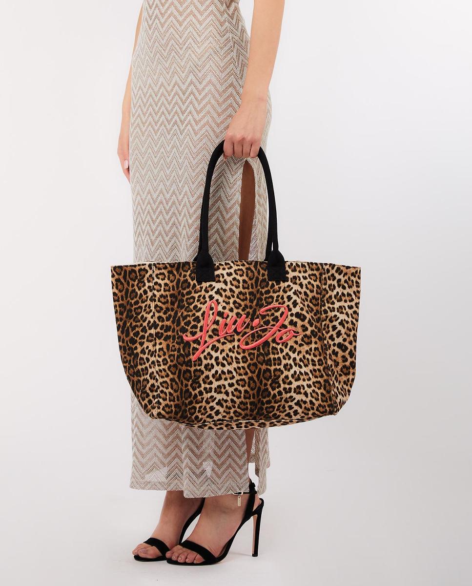 Mala em Tecido com Estampado Animalier, Detalhe de Logótipo e Lenço em Contraste Castanho-escuro-5