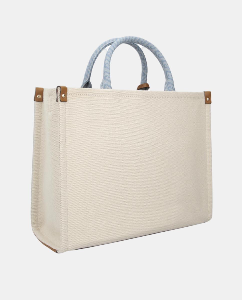 Mala de Mão Grande em Tecido com Detalhe de Ganga Creme-3