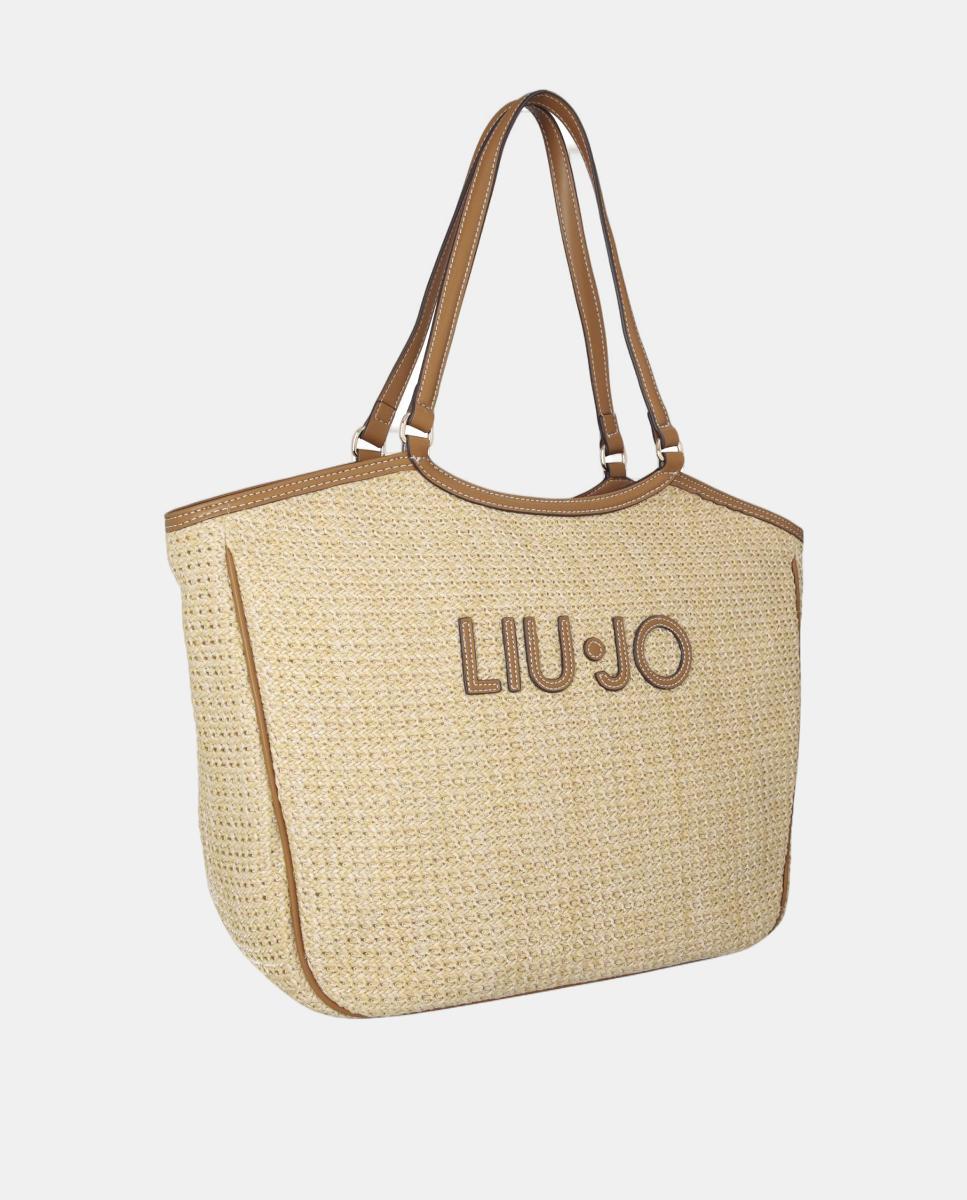 Mala Shopper com Efeito de Ráfia e Detalhe de Logótipo Grande Natural-2