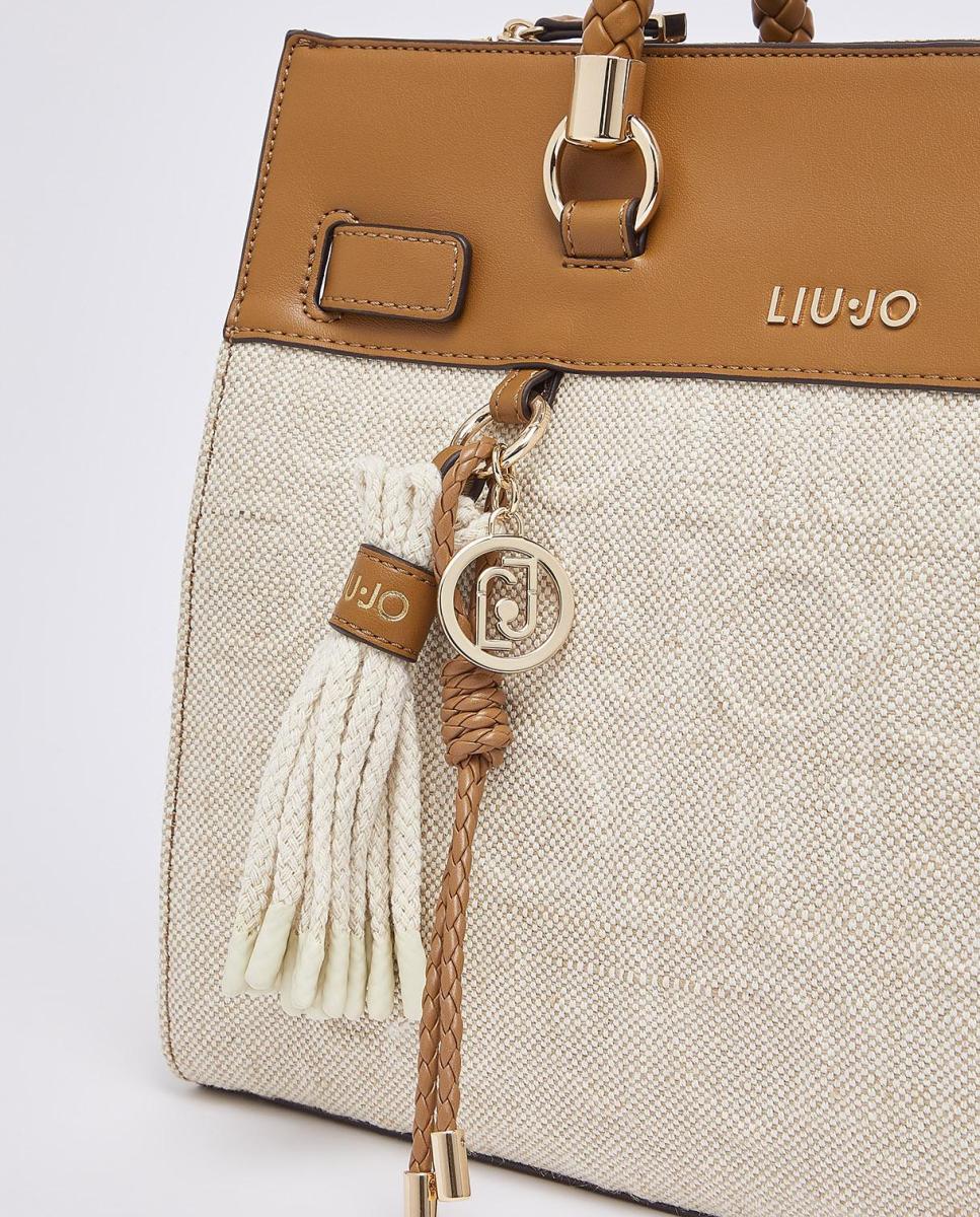 Mala de Mão Combinada com Efeito de Linho e Alça Entrançada Natural-3
