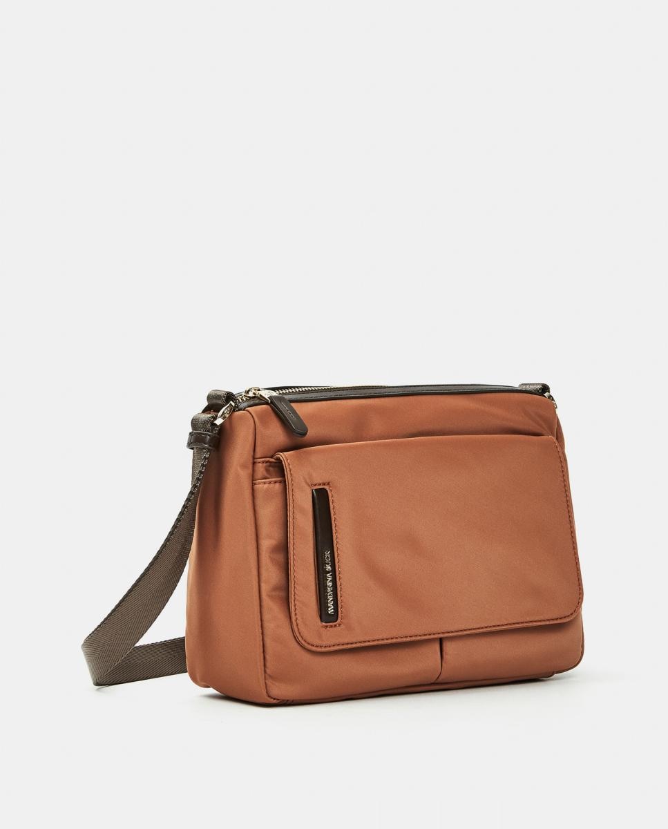 Mala a tiracolo pequena de nylon cru com bolso exterior Castanho-2