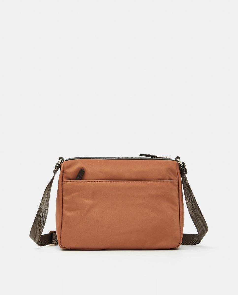 Mala a tiracolo pequena de nylon cru com bolso exterior Castanho-3