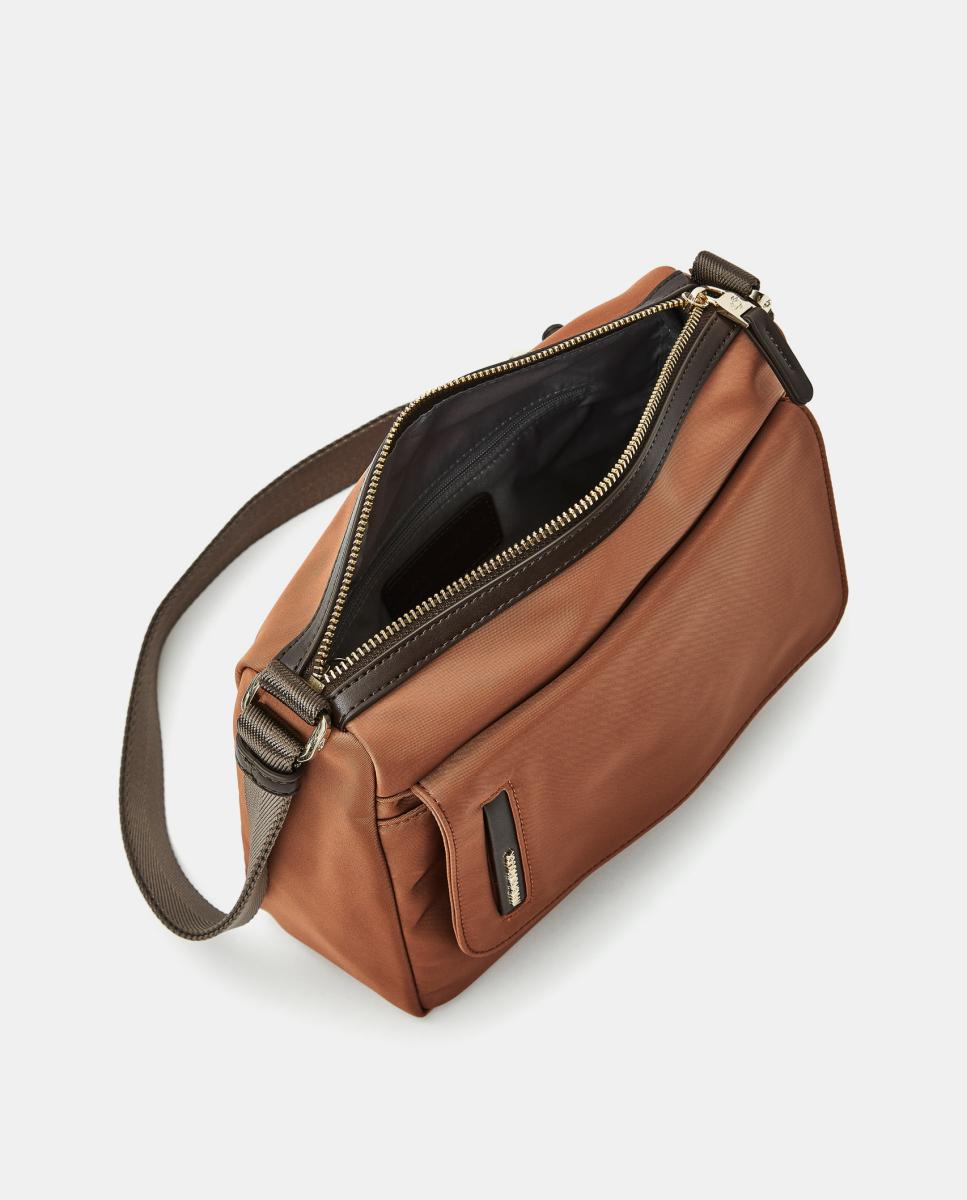 Mala a tiracolo pequena de nylon cru com bolso exterior Castanho-4