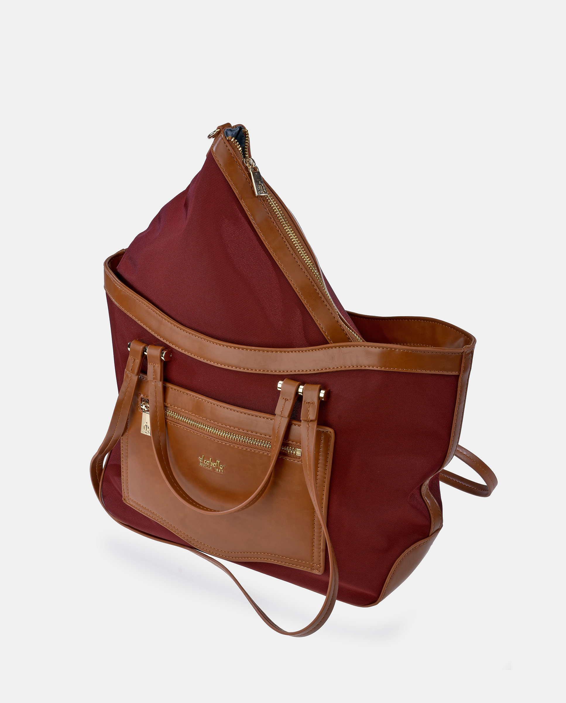 Bolso tote EL CABALLO en Nylon color burdeos y cuero - Burdeos Burdeos-5