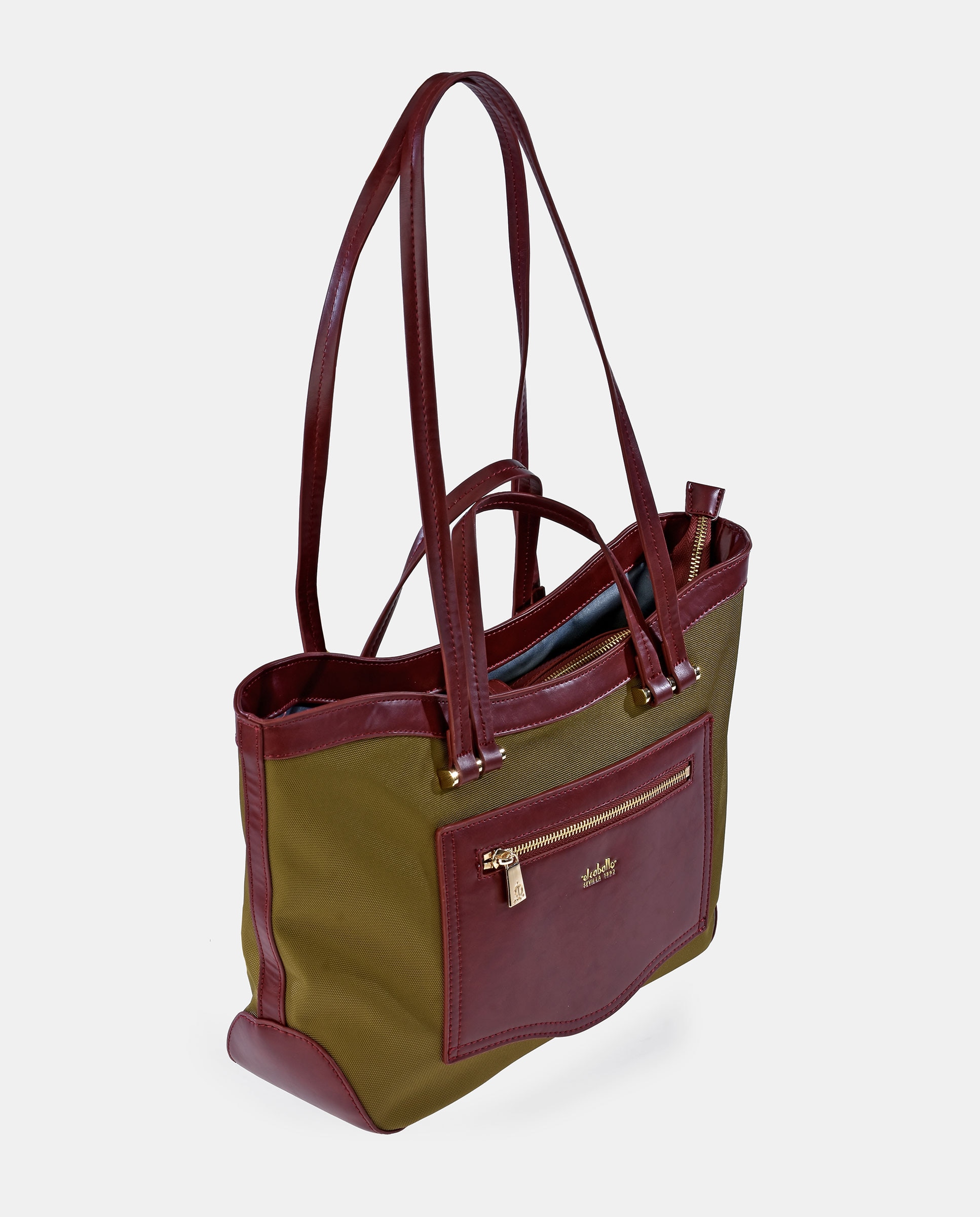 Mala Tipo Tote em Nylon e Couro - Bordeaux Verde-2